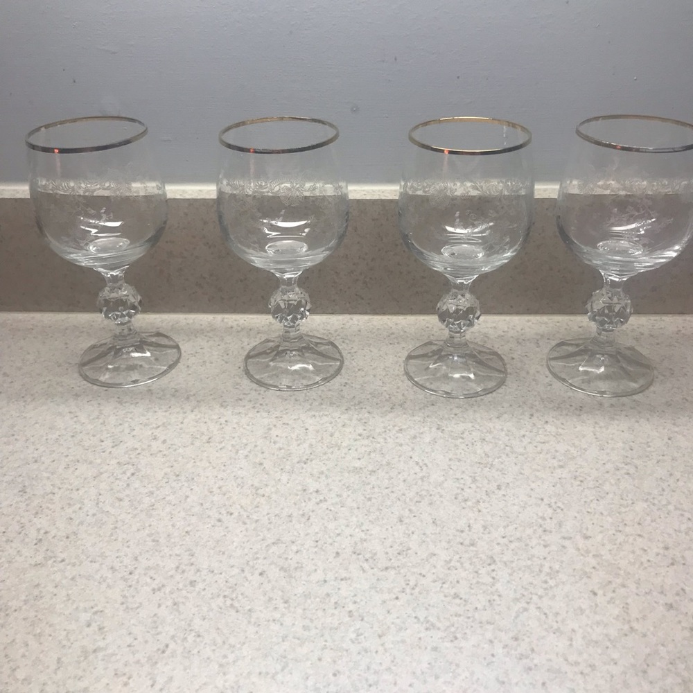 Antique bundle- set of 4 Bohemia Cascade Etched Crystal Wine Goblets gold rims
